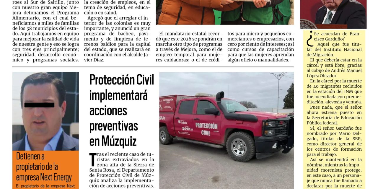 Portada RCG Carbonífera [20 de enero de 2026] Da inicio el Programa Alimentario con Mejora Coahuila; Protección Civil implementará acciones preventivas y más…