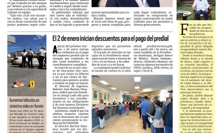 Portada RCG Lagunera [1 de enero de 2026] Les deseo un gran 2026 a todos los coahuilenses: Manolo; Teleférico recibe más de 400 mil visitantes en un año y más…