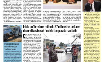 Portada RCG Lagunera [14 de enero de 2026] Vamos a seguir cuidando a las familias coahuilenses: Manolo Jiménez; inicia en Torreón el retiro de 27 mil metros de luces decorativa y más…
