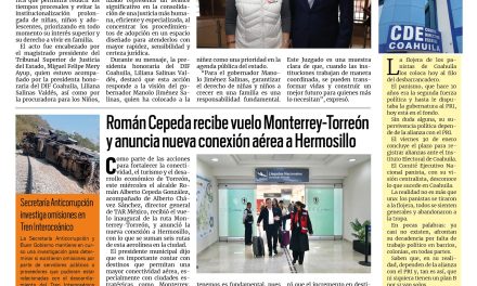Portada RCG Lagunera [15 de enero de 2026] Instalan Juzgado Especializado en Adopciones en Coahuila; Román Cepeda recibe vuelo Monterrey-Torreón y anuncia nueva conexión aérea a Hermosillo y más…