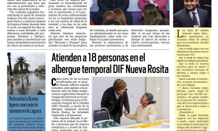 Portada RCG Lagunera [20 de enero de 2026] Llevaremos brigadas de prevención del cáncer de mama: Manolo; atienden a 18 personas en albergue temporal DIF Nueva Rosita y más…