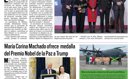 Portada RCG Nacional e Internacional [16 de enero de 2026] Anuncia Sheinbaum inversión millonaria de Global Pilgrim´s; María Corina Machado ofrece medalla del Premio de la Paz a Trump y más…
