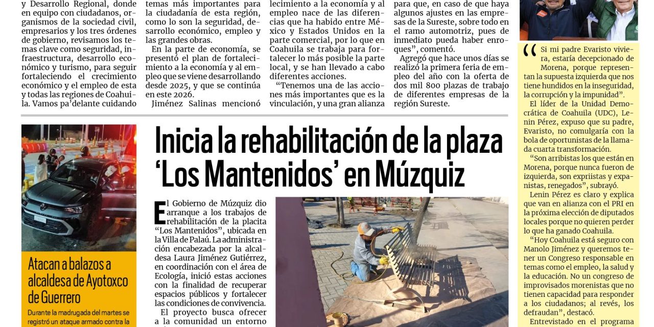 Portada RCG Carbonífera [4 de febrero de 2026] Presentan avances del Plan de Fortalecimiento Económico y Empleo; Inicia la rehabilitación de la plaza ‘Los Mantenidos’ y más…