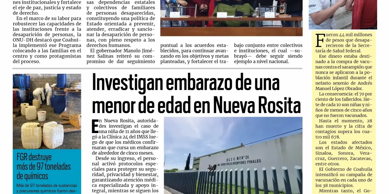 Portada RCG Carbonífera [17 de febrero de 2026] Reconocen a Coahuila por atención a desaparición de personas; investigan embarazo de menor de edad en Nueva Rosita y más…