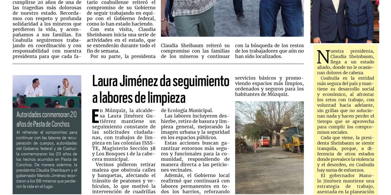 Portada RCG Carbonífera [21 de febrero de 2026] Recibe Manolo Jiménez a la presidenta Claudia Sheinbaum para iniciar gira por Coahuila; Laura Jiménez da seguimiento a labores de limpieza y más…