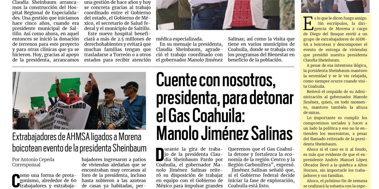 Portada RCG Carbonífera [22 de febrero de 2026]  Gobernador concreta gestión con la presidenta para nuevo hospital; Cuente con nosotros, presidenta, para detonar el Gas Coahuila: Manolo Jiménez Salinas y más