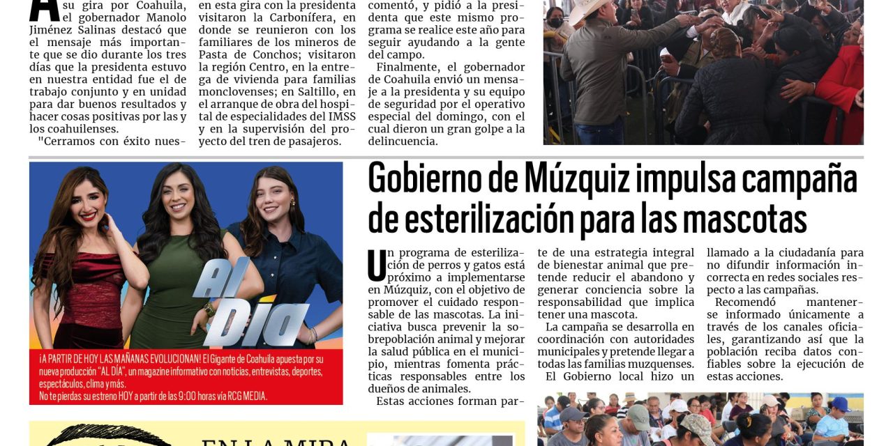 Portada RCG Carbonífera [23 de febrero de 2026] Aquí trabajamos en equipo los tres órdenes de Gobierno: Manolo Jiménez; Múzquiz impulsa campaña de esterilización para mascotas y más