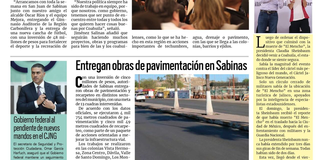 Portada RCG Carbonífera [24 de febrero de 2026] ‘Seguiremos trabajando por el desarrollo de la región’; entregan obras de pavimentación en Sabinas y más…