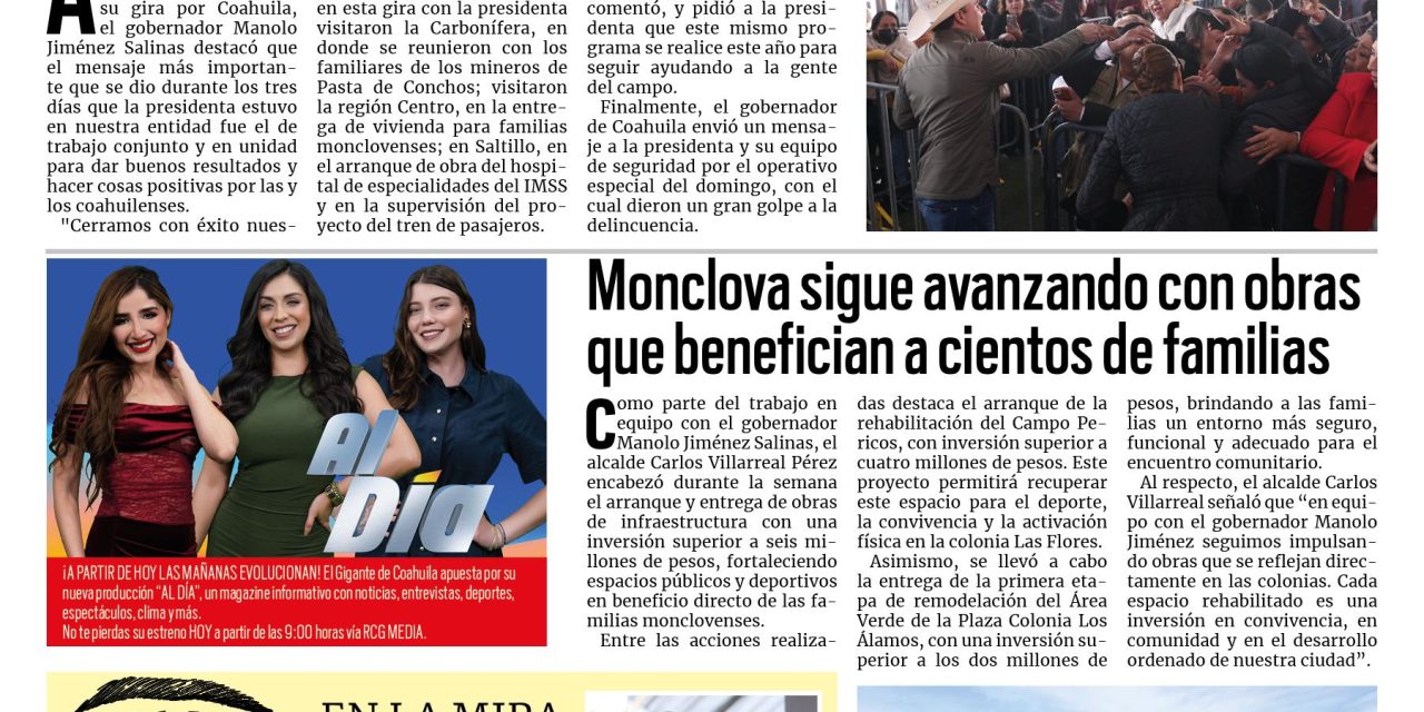 Portada RCG Centro [23 de febrero de 2026] Aquí trabajamos en equipo los tres órdenes de Gobierno: Manolo Jiménez; Monclova sigue avanzando con obras que benefician a cientos de familias y más