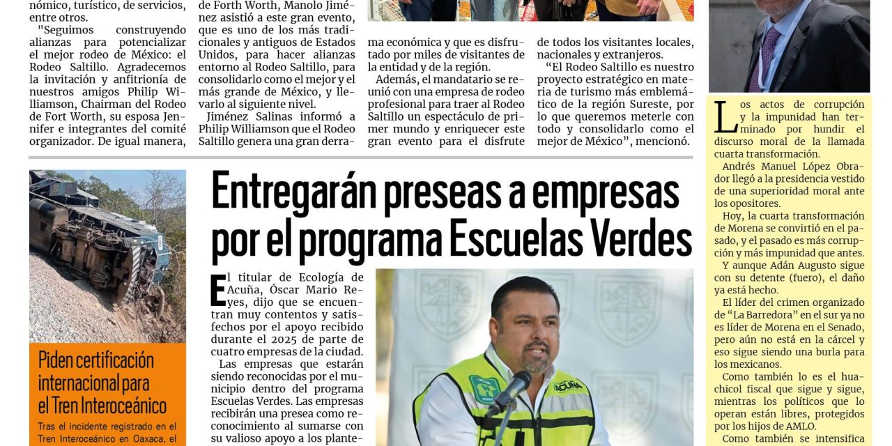 Portada RCG Fronteriza [3 de febrero de 2026] Coahuila refuerza lazos con Fort Worth, Texas; entregarán preseas a empresas por el programa Escuelas Verdes y más…