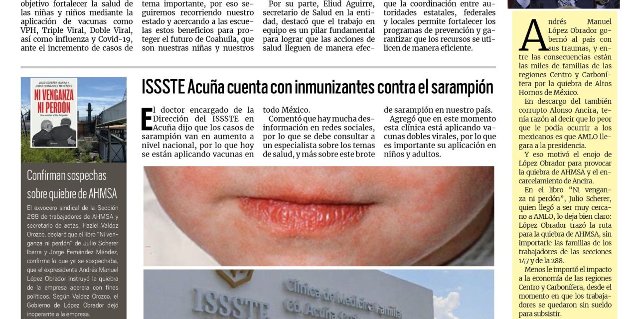 Portada RCG Fronteriza [14 de febrero de 2026] Coahuila refuerza la salud con campaña de vacunación escolar; ISSSTE Acuña cuenta con inmunizantes contra el sarampión y más…