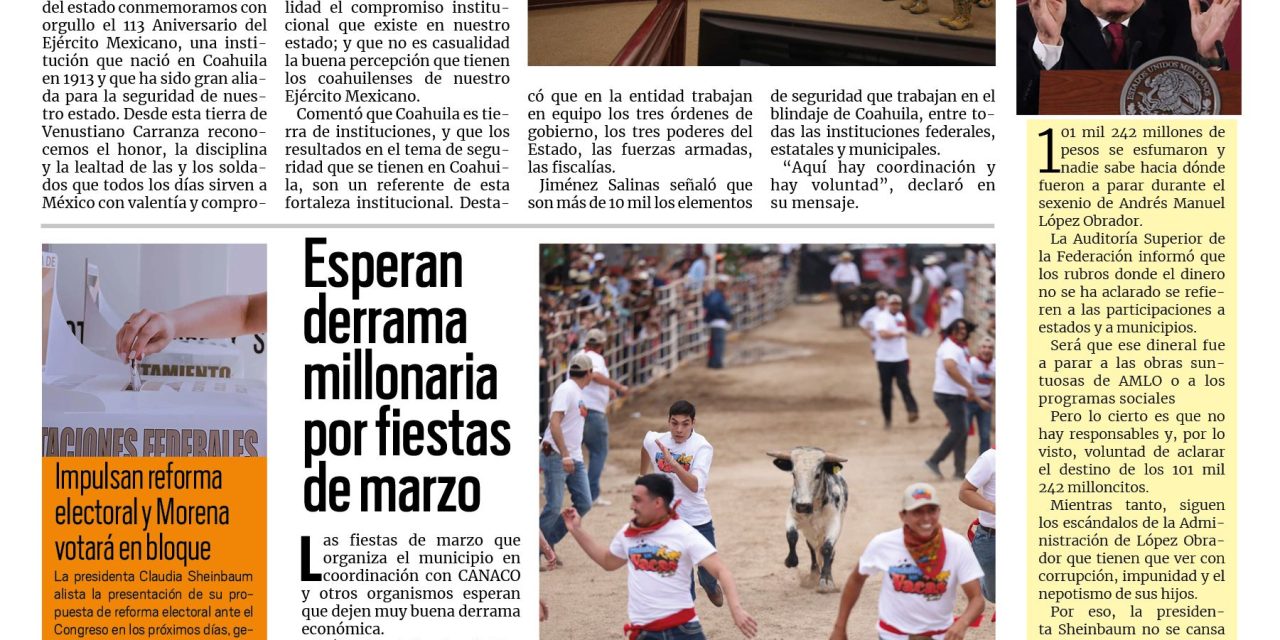 Portada RCG Fronteriza [20 de febrero de 2026] Coahuila, tierra de instituciones fuertes: Manolo Jiménez; esperan derrama millonaria por fiestas de marzo  y más…