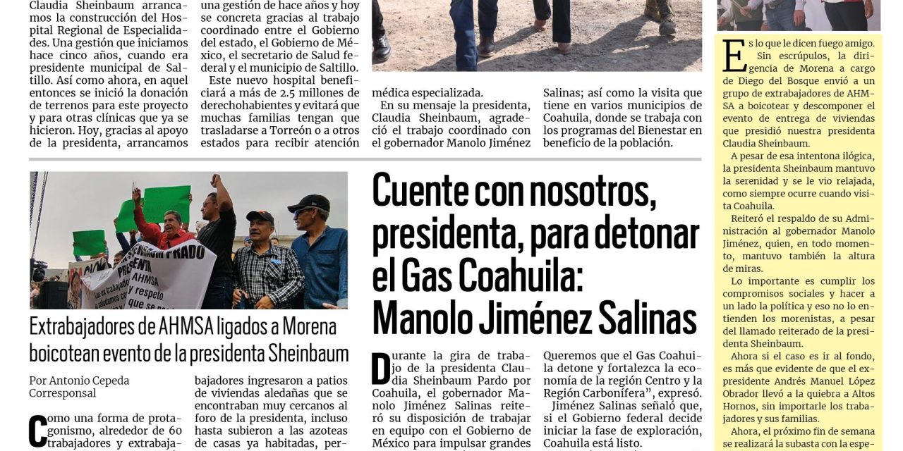 Portada RCG Fronteriza [22 de febrero de 2026]  Gobernador concreta gestión con la presidenta para nuevo hospital; Cuente con nosotros, presidenta, para detonar el Gas Coahuila: Manolo Jiménez Salinas y más