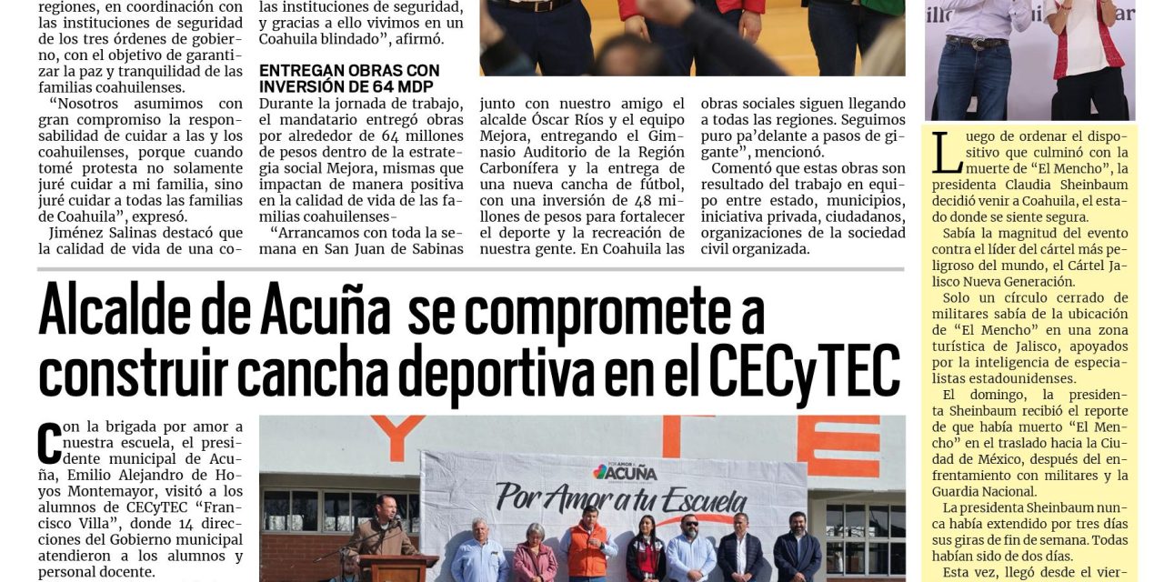 Portada RCG Fronteriza [24 de febrero de 2026] Seguimos manteniendo un Coahuila seguro: Manolo Jiménez; alcalde se compromete a construir cancha deportiva en el CECyTEC y más…