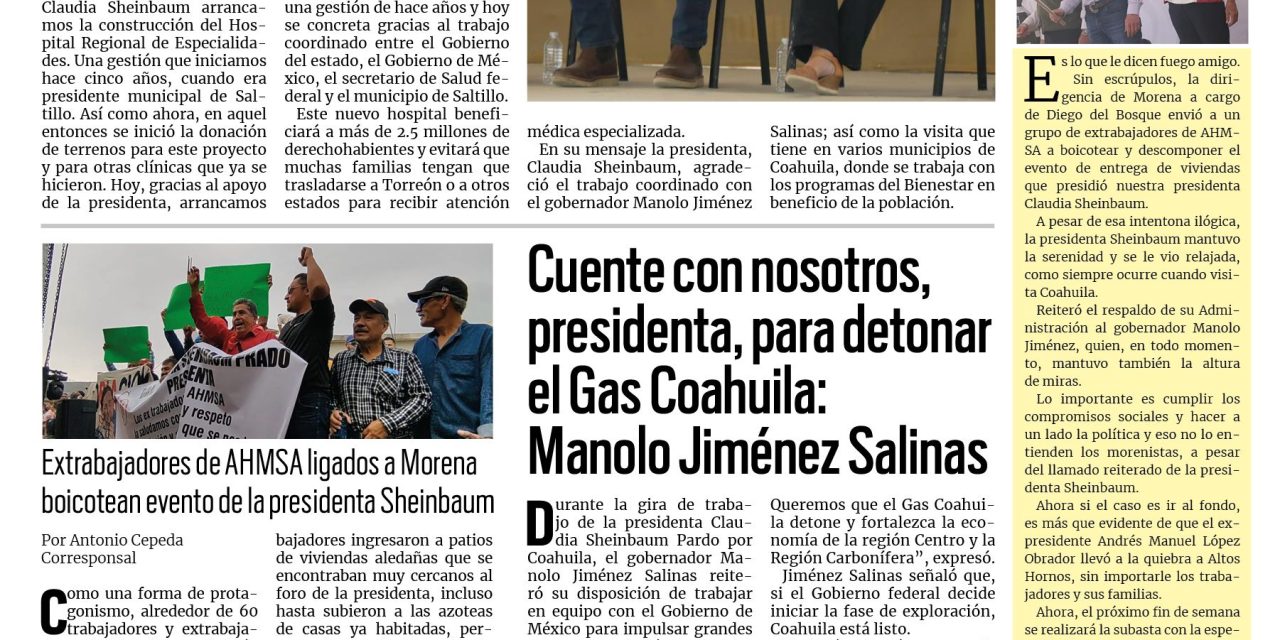 Portada RCG Lagunera [22 de febrero de 2026]  Gobernador concreta gestión con la presidenta para nuevo hospital; Cuente con nosotros, presidenta, para detonar el Gas Coahuila: Manolo Jiménez Salinas y más
