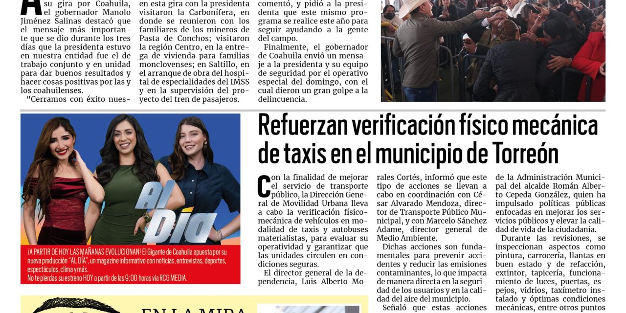 Portada RCG Lagunera [23 de febrero de 2026] Aquí trabajamos en equipo los tres órdenes de Gobierno: Manolo Jiménez; refuerzan verificación físicomecánica de taxis en Torreón y más