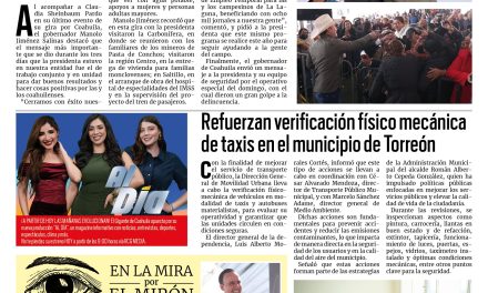 Portada RCG Lagunera [23 de febrero de 2026] Aquí trabajamos en equipo los tres órdenes de Gobierno: Manolo Jiménez; refuerzan verificación físicomecánica de taxis en Torreón y más
