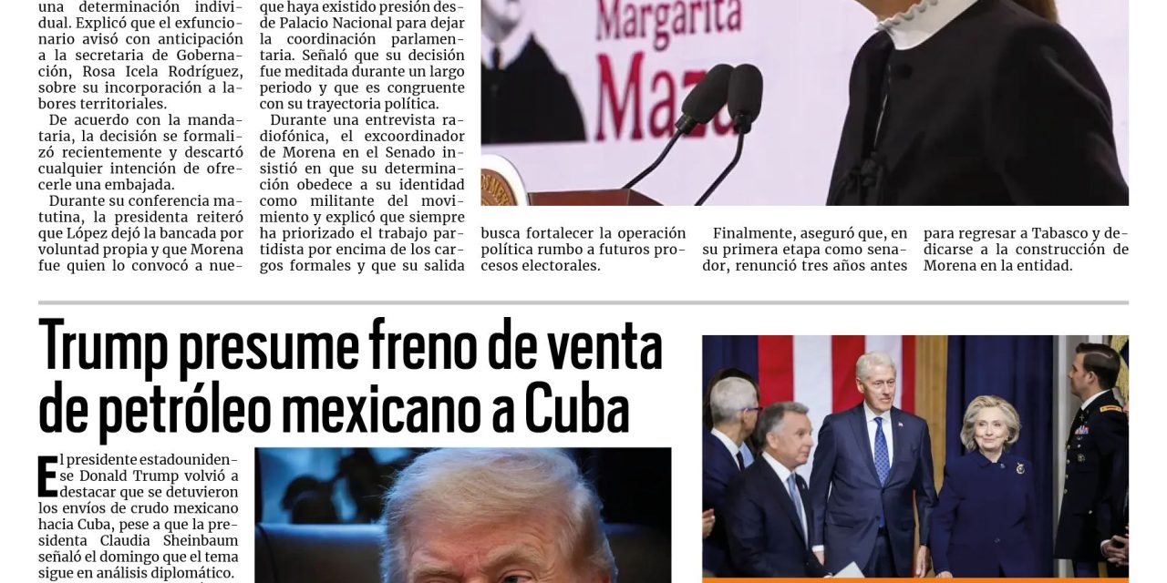 Portada RCG Nacional e Internacional [3 de febrero de 2026] Claudia Sheinbaum habla sobre la renuncia de Adán Augusto López; Trump presume freno de venta de petróleo mexicano a Cuba y más…