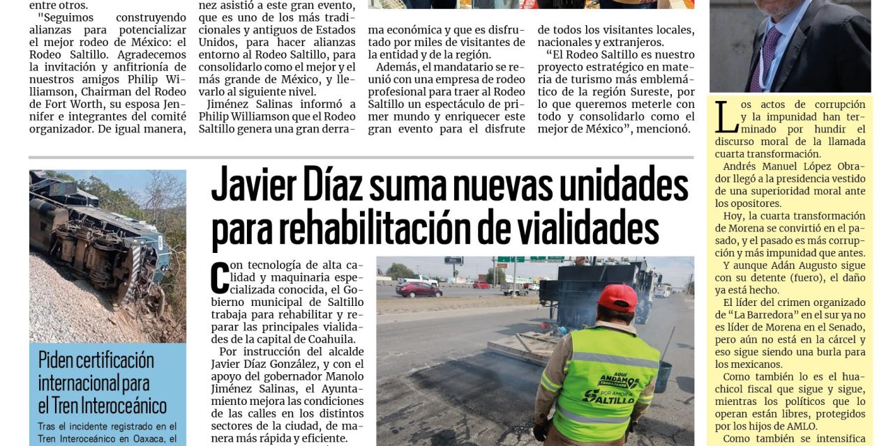 Portada RCG Media [3 de febrero de 2026] Coahuila refuerza lazos con Fort Worth, Texas; Javier Díaz suma nuevas unidades para rehabilitación de vialidades y más…