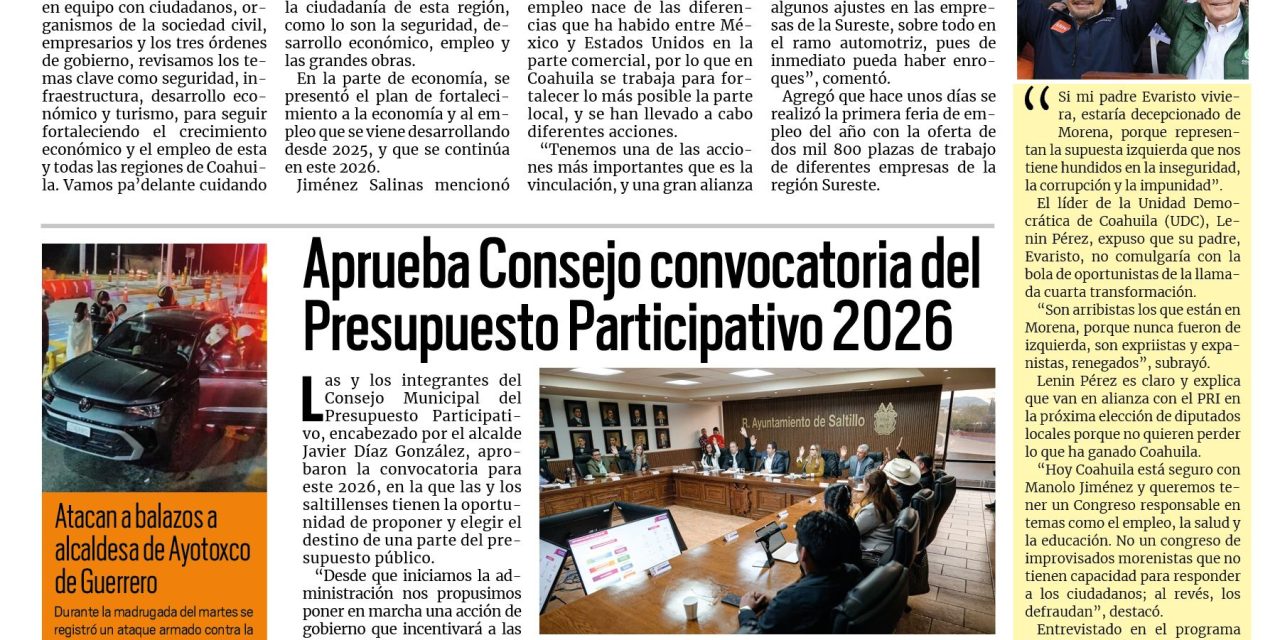 Portada RCG Media [4 de febrero de 2026] Presentan avances del Plan de Fortalecimiento Económico y Empleo; aprueba Consejo convocatoria del Presupuesto Participativo 2026 y más…