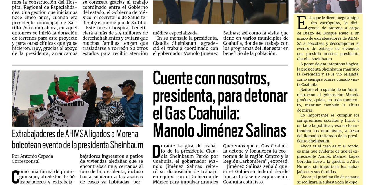 Portada RCG Media [22 de febrero de 2026]  Gobernador concreta gestión con la presidenta para nuevo hospital; Cuente con nosotros, presidenta, para detonar el Gas Coahuila: Manolo Jiménez Salinas y más noticias