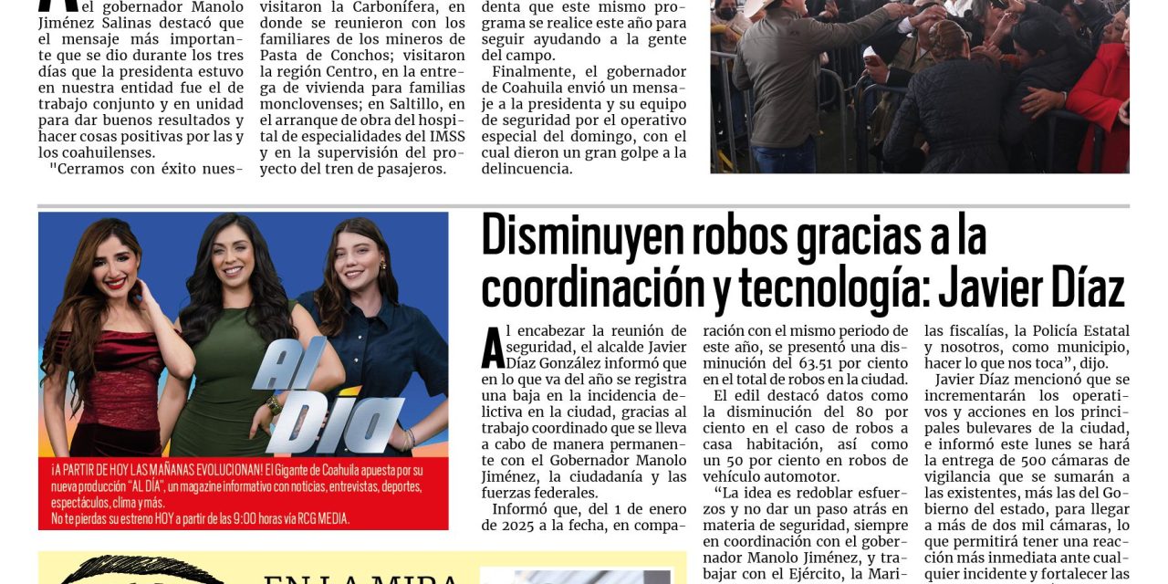 Portada RCG Media [23 de febrero de 2026] Aquí trabajamos en equipo los tres órdenes de Gobierno: Manolo Jiménez; disminuyen robos gracias a la coordinación y tecnología: Javier Díaz y más