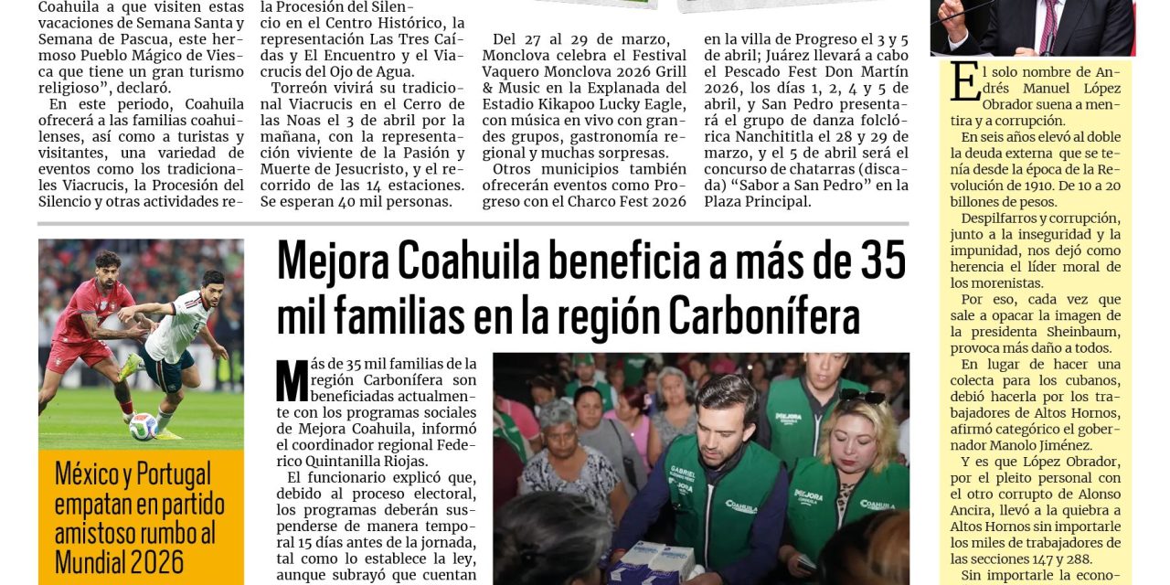 Portada RCG Carbonífera [29 de marzo de 2026] Visita los Pueblos Mágicos de Coahuila estas vacaciones: Manolo Jiménez; Impulsan modernización ganadera en Múzquiz y más…