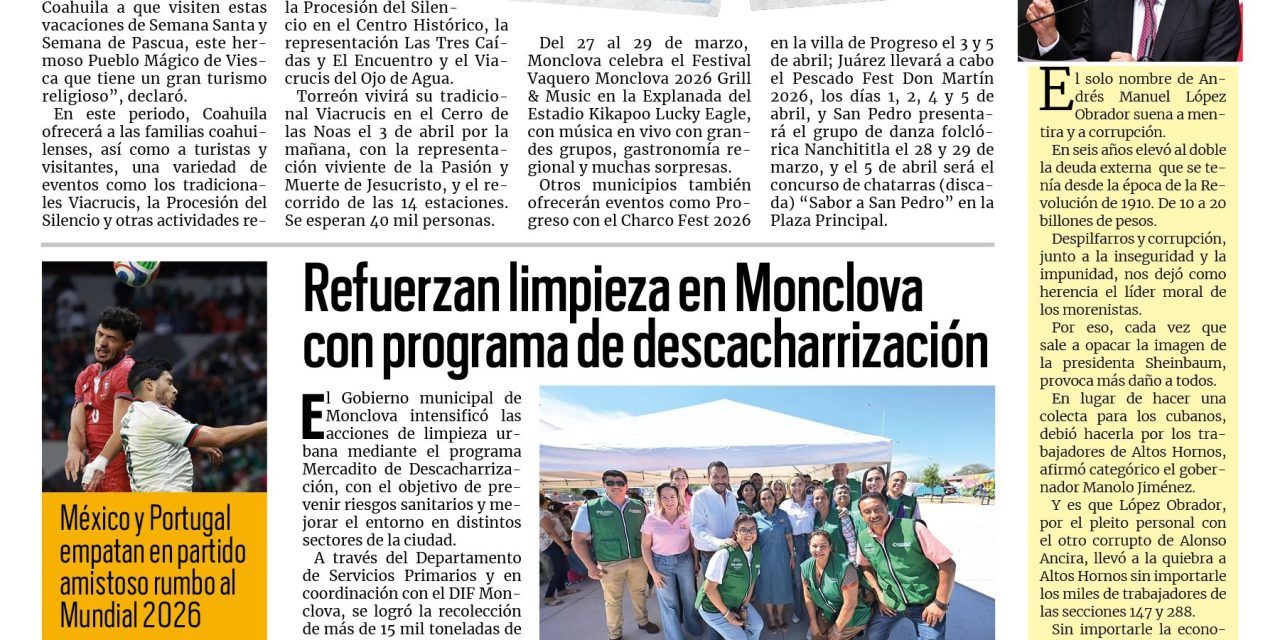 Portada RCG Centro [29 de marzo de 2026] Visita los Pueblos Mágicos de Coahuila estas vacaciones: Manolo Jiménez; Amenazan exobreros de AHMSA con bloqueos si falla subasta y más…