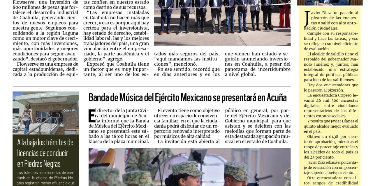 Portada RCG Fronteriza [28 de marzo de 2026] Siguen llegando grandes inversiones a Coahuila: Manolo; Banda de Música del Ejército Mexicano se presentará en Acuña y más…