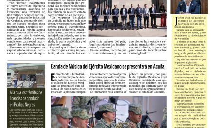 Portada RCG Fronteriza [28 de marzo de 2026] Siguen llegando grandes inversiones a Coahuila: Manolo; Banda de Música del Ejército Mexicano se presentará en Acuña y más…