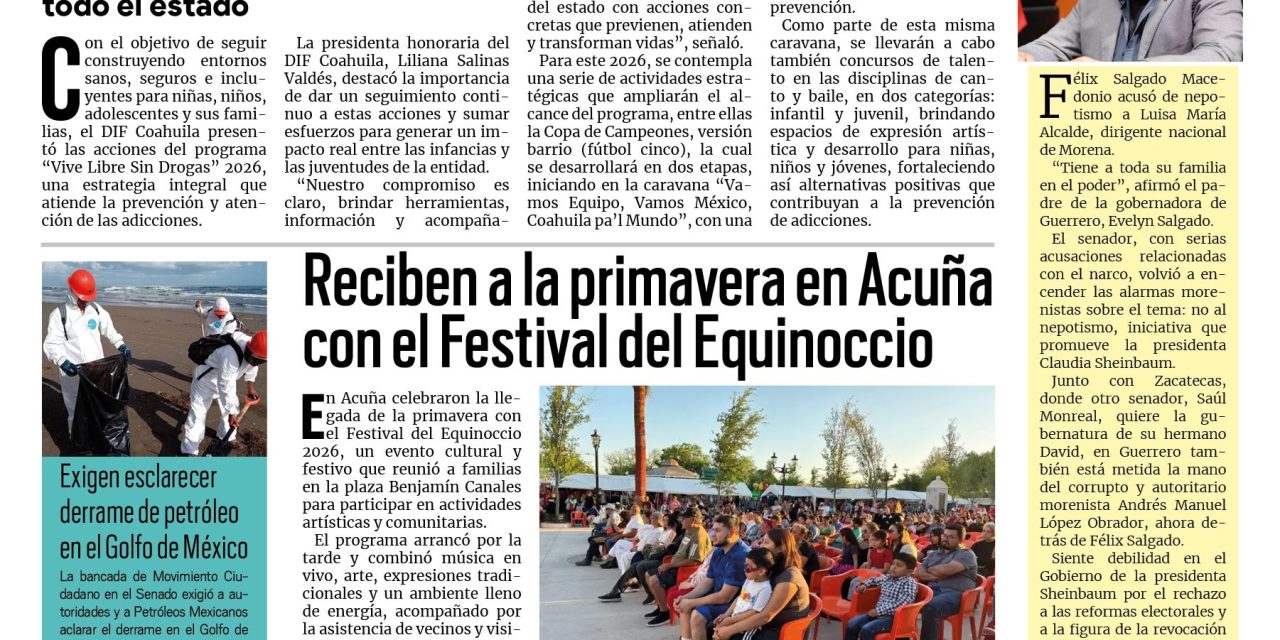 Portada RCG Fronteriza [30 de marzo de 2026] DIF Coahuila fortalece la prevención y atención a las adicciones; reciben a la primavera en Acuña con Festival del Equinoccio y más…