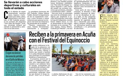 Portada RCG Fronteriza [30 de marzo de 2026] DIF Coahuila fortalece la prevención y atención a las adicciones; reciben a la primavera en Acuña con Festival del Equinoccio y más…