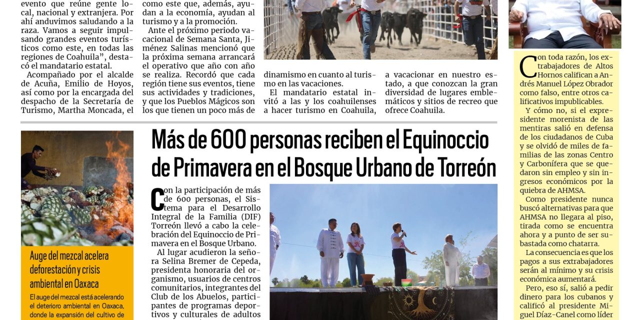 Portada RCG Lagunera [22 de marzo de 2026] Consolidamos eventos turísticos en todas las regiones: Manolo; Inicia ciclo agrícola en la Laguna y más…