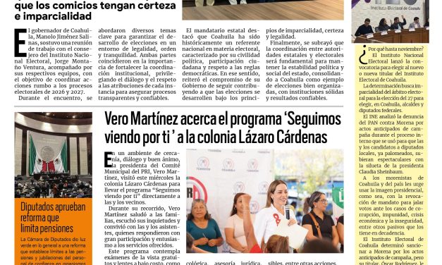 Portada RCG Lagunera [26 de marzo de 2026] Garantizan elecciones en paz para Coahuila con coordinación institucional; Vero Martínez acerca ‘Seguimos viendo por ti’ a la Lázaro Cárdenas y más…