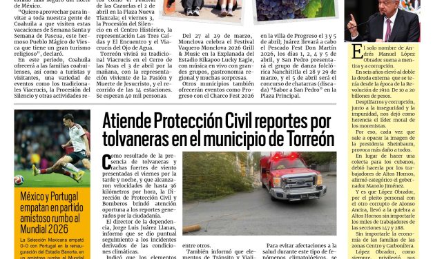Portada RCG Lagunera [29 de marzo de 2026] Visita los Pueblos Mágicos de Coahuila estas vacaciones: Manolo Jiménez; Paseo Colón está listo para recibir a visitantes en Semana Santa y más…
