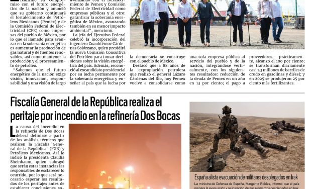 Portada RCG Nacional e Internacional [19 de marzo de 2026] Conmemora Claudia Sheinbaum el aniversario de la Expropiación Petrolera; FGR realiza peritaje por incendio en Dos Bocas y más…