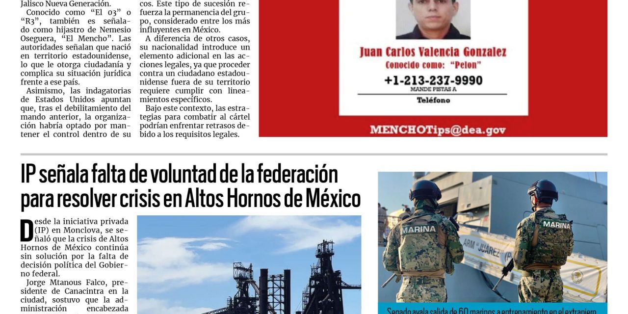 Portada RCG Nacional e Internacional [20 de marzo de 2026] Estados Unidos busca al presunto sucesor de ‘El Mencho’; IP señala falta de voluntad de la federación para resolver crisis en AHMSA y más…