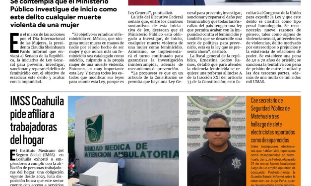 Portada RCG Nacional e Internacional [25 de marzo de 2026] Presidenta enviará iniciativa de ley general para prevenir y reparar el feminicidio; IMSS Coahuila pide afiliar a trabajadoras del hogar y más…
