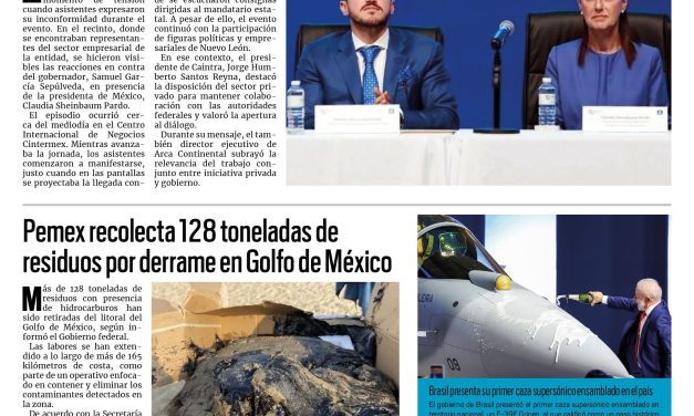 Portada RCG Nacional e Internacional [26 de marzo de 2026] Abuchean a Samuel García frente a Sheinbaum en Nuevo León; Pemex recolecta 128 toneladas de residuos por derrame en Golfo de México y más…