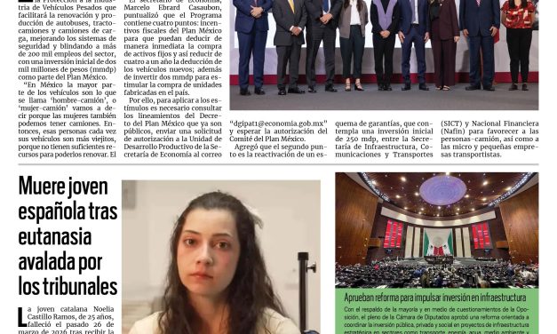 Portada RCG Nacional e Internacional [27 de marzo de 2026] Presentan el Programa de Protección a la Industria de Vehículos Pesados; muere joven española tras eutanasia avalada por tribunales y más…