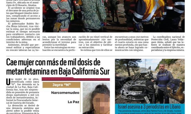 Portada RCG Nacional e Internacional [29 de marzo de 2026] Sigue la búsqueda de mineros atrapados en Sinaloa; Cae mujer con más de mil dosis de metanfetamina en Baja California Sur y más…