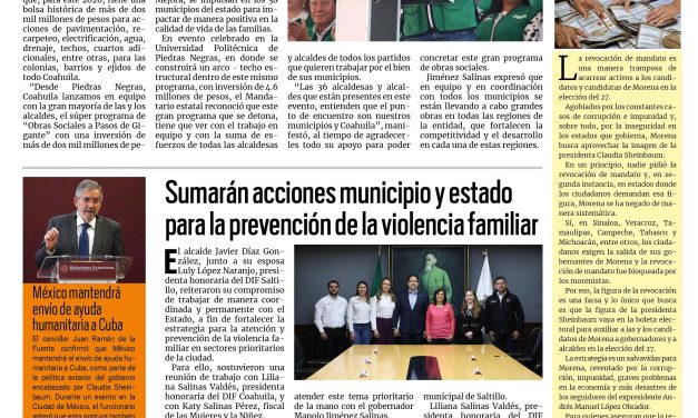 Portada RCG Media [24 de marzo de 2026] Coahuila invierte más de dos mmdp en obras sociales; sumarán acciones municipio y estado para la prevención de la violencia familiar y más…