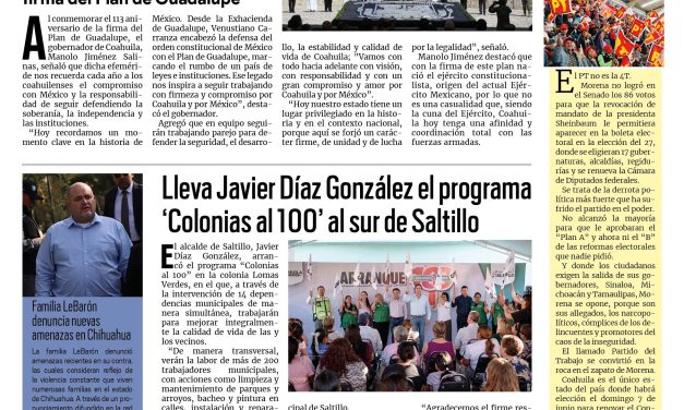 Portada RCG Media [27 de marzo de 2026] Vamos a seguir defendiendo y fortaleciendo a las instituciones: Manolo; lleva Javier Díaz ‘Colonias al 100’ al sur de Saltillo y más…