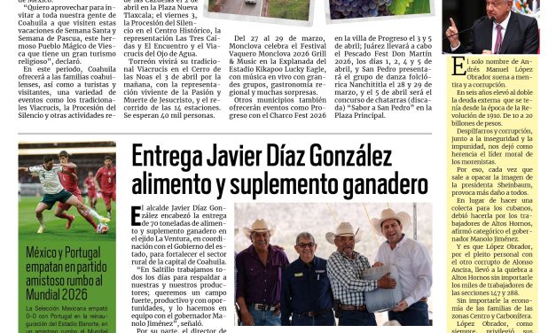 Portada RCG Media [29 de marzo de 2026] Visita los Pueblos Mágicos de Coahuila estas vacaciones: Manolo Jiménez; Apuesta Tomás Gutiérrez por el deporte y más…