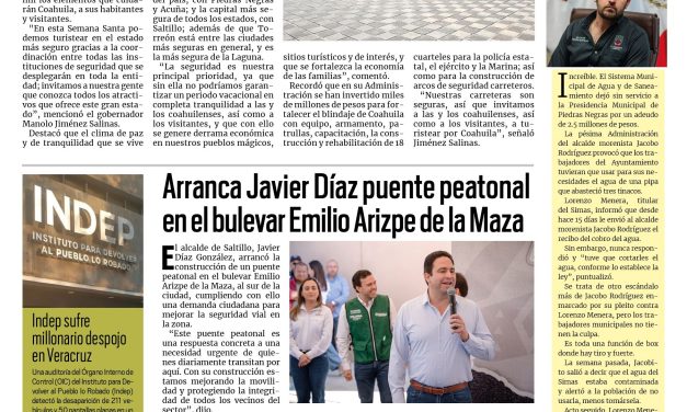 Portada RCG Media [31 de marzo de 2026] Más de 10 mil elementos cuidad Coahuila durante Semana Santa; arranca Javier Díaz puente peatonal en el Emilio Arizpe de la Maza y más…