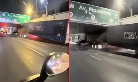Le fallan cálculos a traileros y es captado cuando se cae su caja tras atorarse en puente de la CDMX  (video)