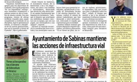 Portada RCG Carbonífera [15 de abril de 2026] Manolo Jiménez inicia el programa ‘Pa´los Deportistas 2026’; Ayuntamiento de Sabinas mantiene acciones de infraestructura vial y más noticias…