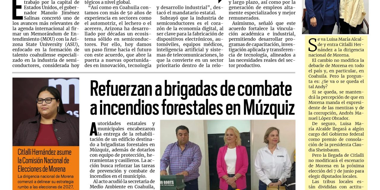 Portada RCG Carbonífera [17 de abril de 2026] Firma Manolo Jiménez acuerdo en materia de semiconductores en Washington; refuerzan a brigadas de combate a incendios forestales en Múzquiz y más noticias…