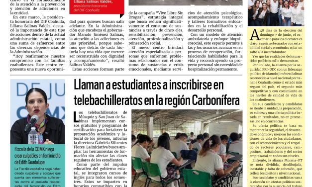 Portada RCG Carbonífera [20 de abril de 2026] DIF Coahuila entrega infraestructura para atender y prevenir adicciones; llaman a inscribirse en telebachilleratos en la región Carbonífera y más…
