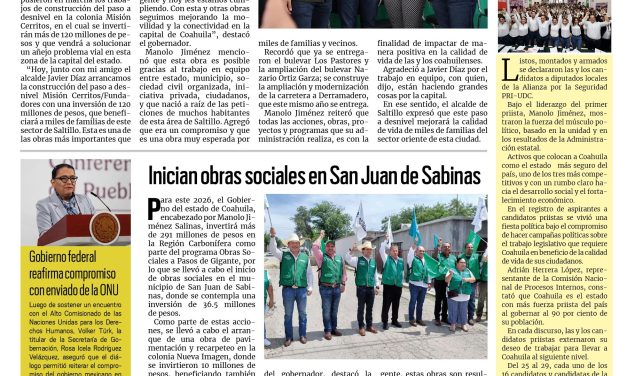 Portada RCG Carbonífera [21 de abril de 2026] Seguimos arrancando grandes obras de infraestructura: Manolo Jiménez; inician obras sociales en San Juan de Sabinas y más…